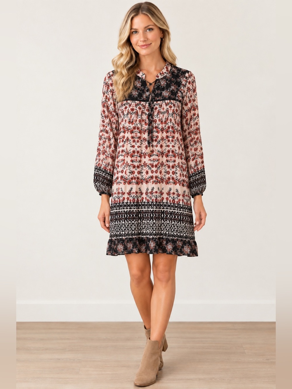 Hazel Boho Floral Tunic Dress - Black and Rust Size Medium
